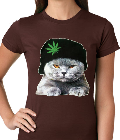 Cat Wearing Pot Leaf Hat Ladies T-shirt