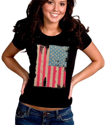 Faded and Distressed American Flag with Hot Pink Stripes Girl's T-Shirt