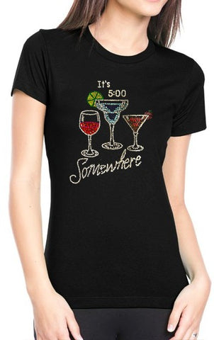 It's 5 o'clock Somewhere Rhinestone Girls T-Shirt (Black)