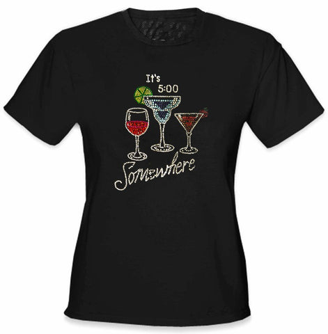 It's 5 o'clock Somewhere Rhinestone Girls T-Shirt (Black)