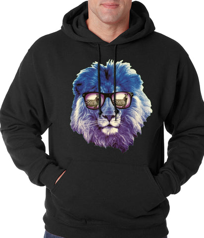 Lion Wearing Sunglasses Looking at a Zebra Adult Hoodie