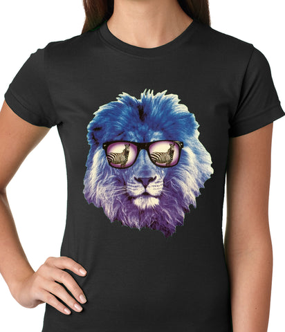 Lion Wearing Sunglasses Looking at a Zebra Ladies T-shirt