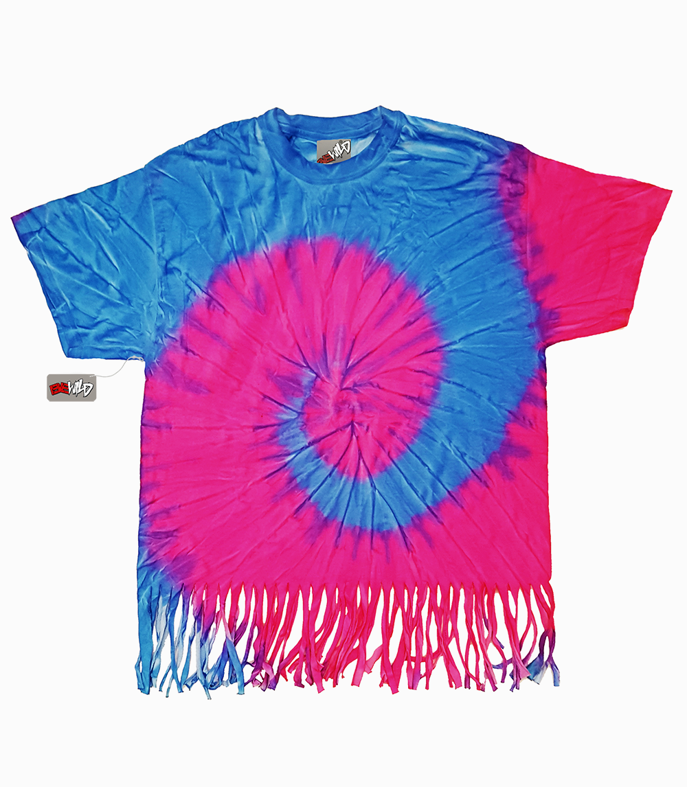 Neon Pink Tie Fringe – Bewild Ladies T-shirt Blue Dye And
