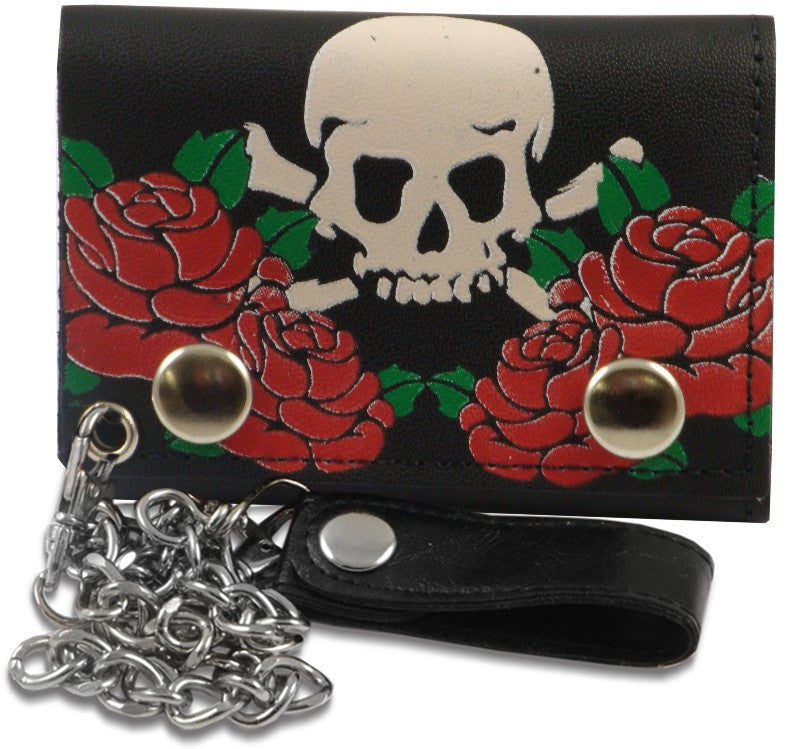 Men's Black Leather Chain Wallet Trifold Embroidered Red Skull
