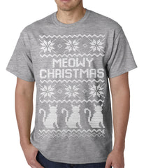 Ugly Christmas Tee - Meowy Christmas (White Print) 3 Cats Ugly Christmas Mens T-shirt