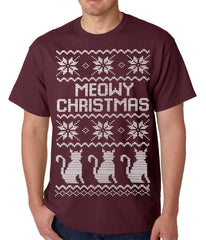 Ugly Christmas Tee - Meowy Christmas (White Print) 3 Cats Ugly Christmas Mens T-shirt